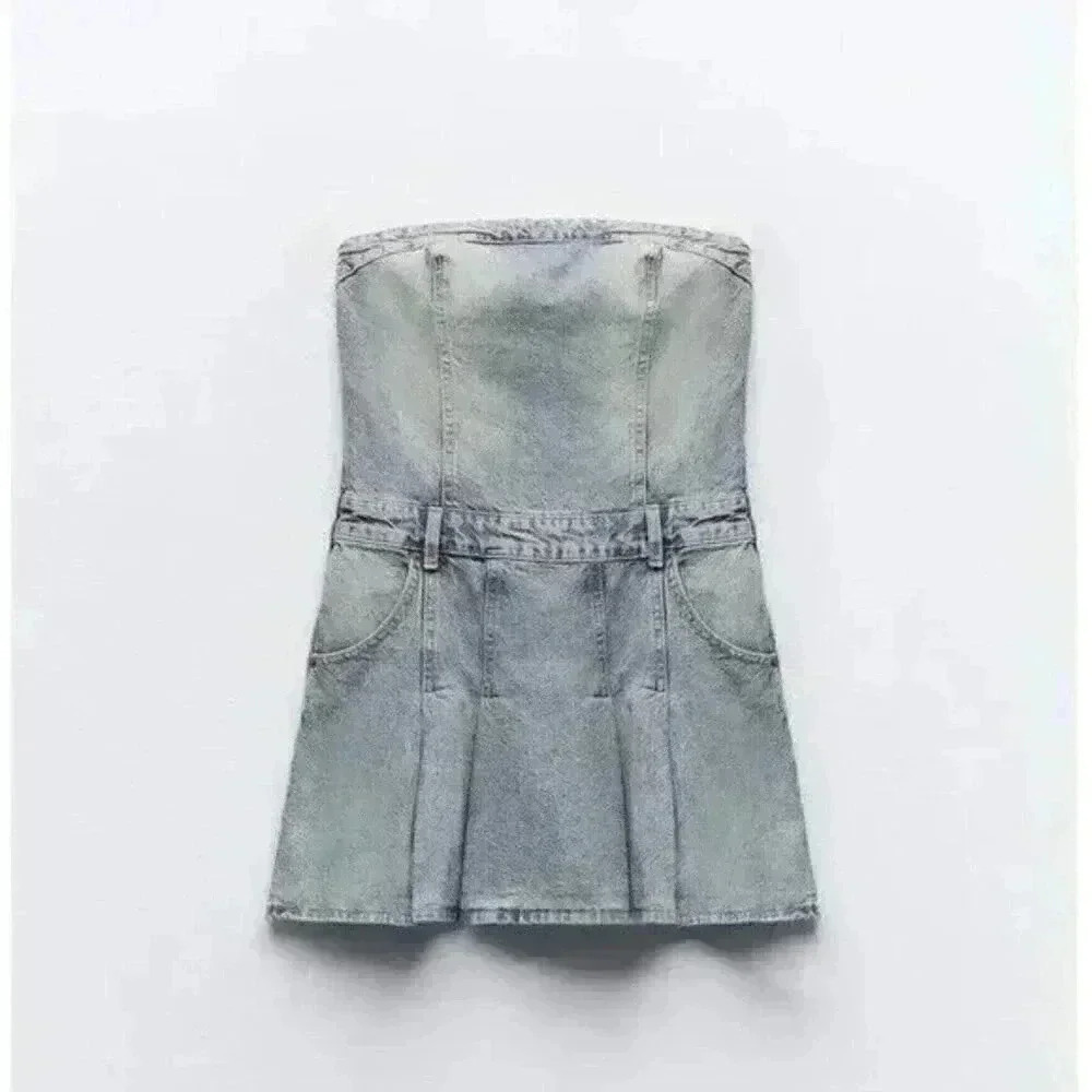 ZARA PLEATED TRF DENIM DRESS XL NWT